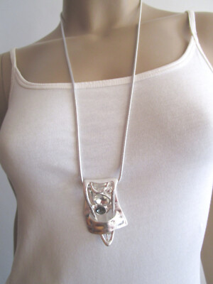Damen Hals Kette lang Modekette Silber Anhänger Strass Statement Lagenlook üi9