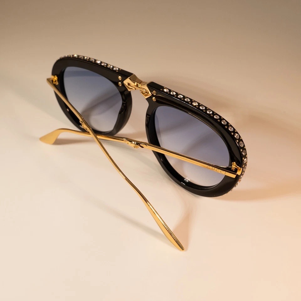 Gucci GG0307S 56mm Foldable Aviator Sunglasses in Black w.Crystals and Blue Lens - Image 3 of 4