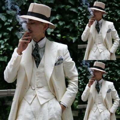 Linen Men's Suits 3Pieces Vintage Summer Beach Ivory Blazer Cuffed Pants Evening