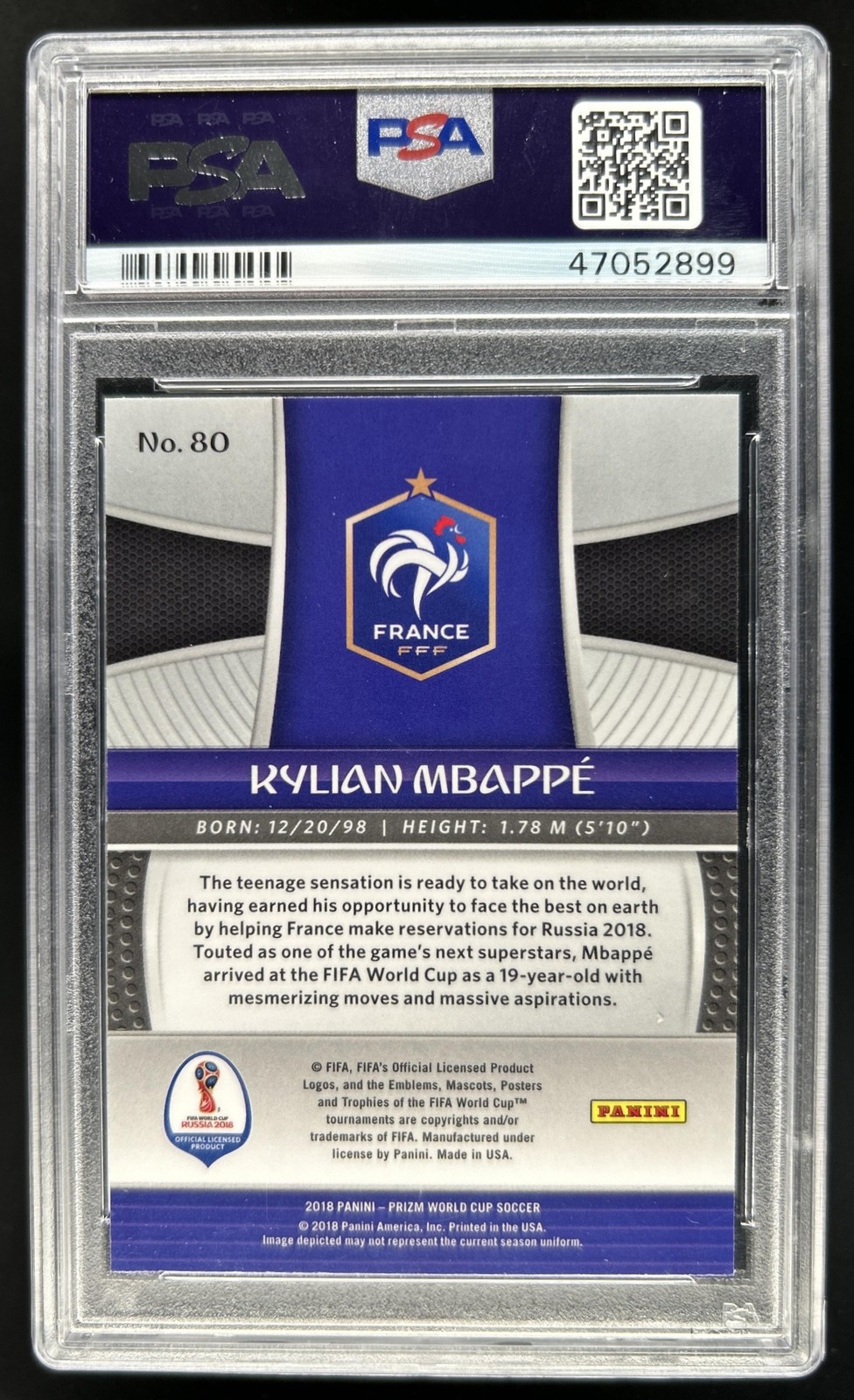 2018 Panini Prizm World Cup Kylian Mbappe Rookie RC #80 France PSA 9 view 2