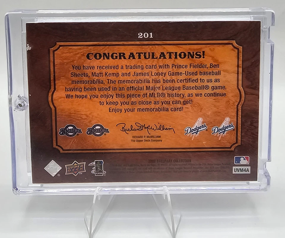 2008 UD Ballpark Quad Swatch Prince Fielder Ben Sheets Matt Kemp James Loney - Image 2 of 2