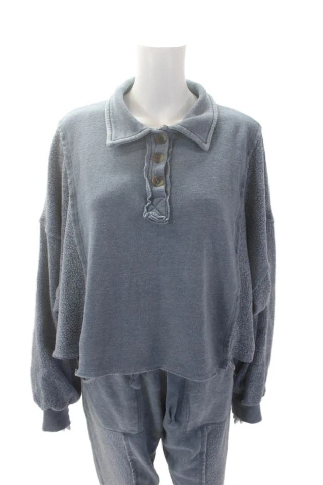 Conjunto de Calça de Moletom Pulôver Henley Vintage Havana Feminina Algodão 2 Peças Azul Tamanho G - Imagem 2 de 4