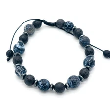 Mens Lava Rock Hematite Black Crackle Agate Gemstone Bracelet – Protection
