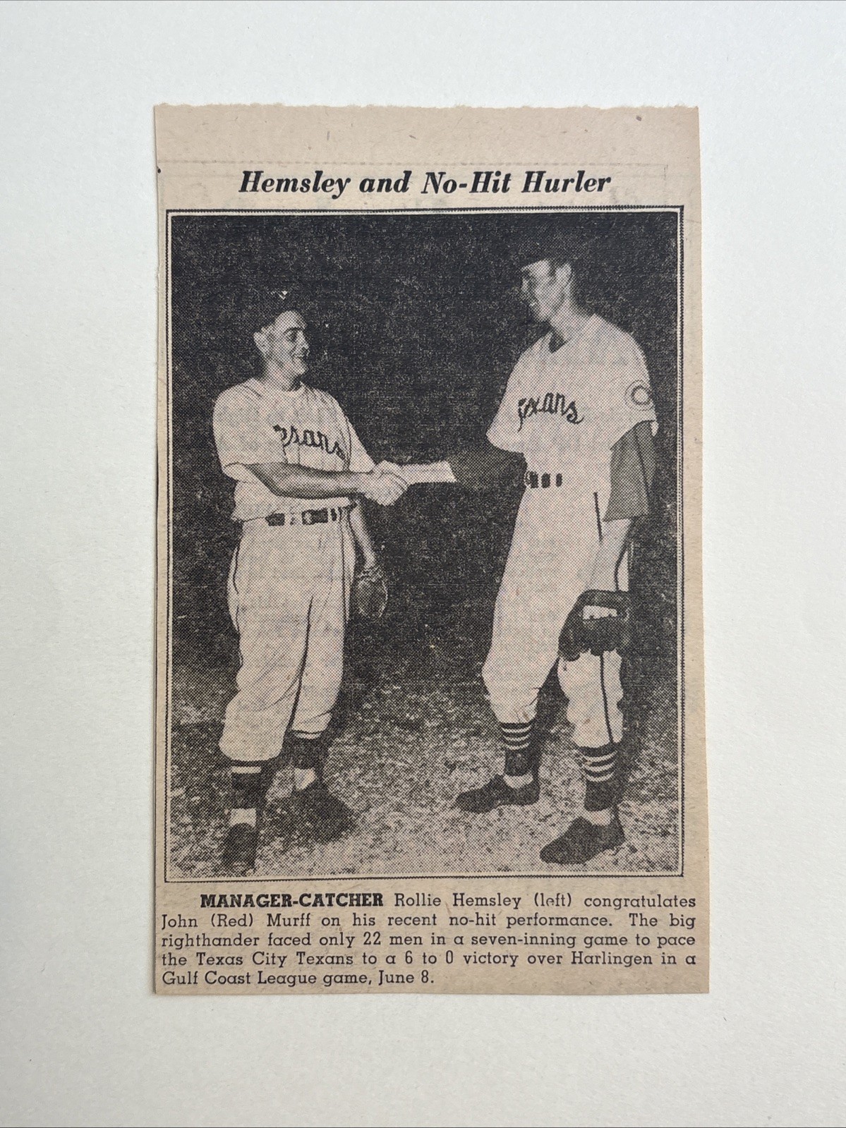 Red Murff No Hitter Rollie Hemsley Texas City 1951 Sporting News Baseball 4X6