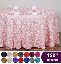 120" ROUND Satin Ribbon Rosette TABLECLOTH - Designer Wedding Party Linens SALE