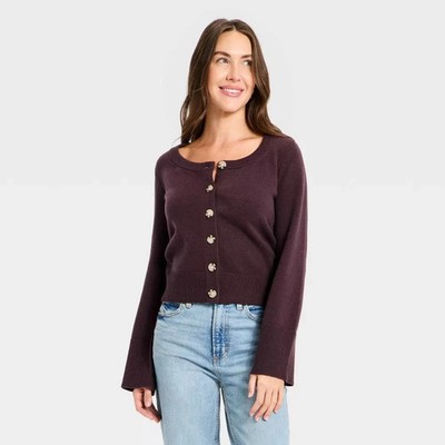 Women's Button-Down Scoop Neck Cardigan Sweater - Universal Thread Large Purple