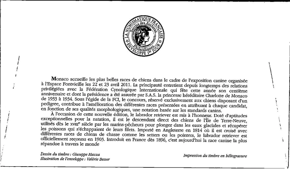 Monaco SC# 2619 FDC 2011 Labrador Retriever Dog Show - A03388 - Image 2 of 2