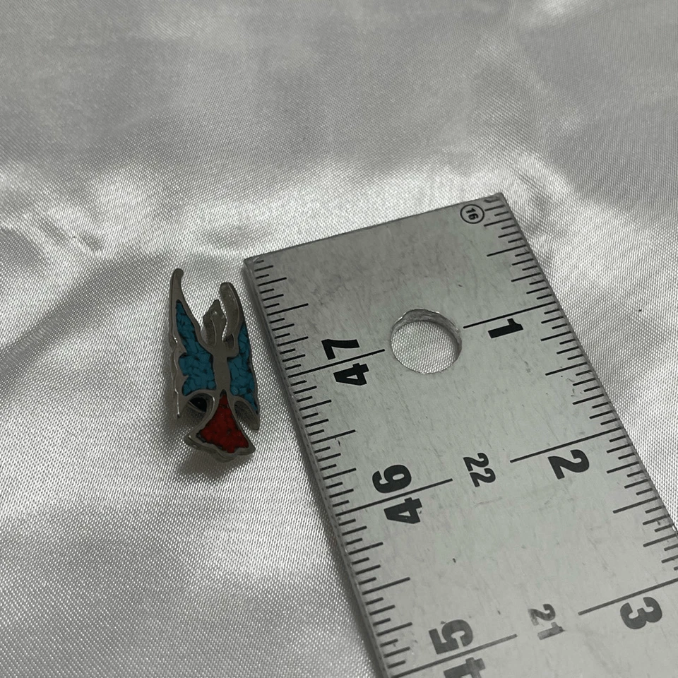 Broche prendedor con incrustaciones de turquesa y coral Phoenix pájaro peyote lluvia plateada Foto 3 de 4