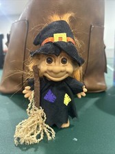 Vintage 1990s Russ Troll Doll Witch with Broom Orange Hair Halloween