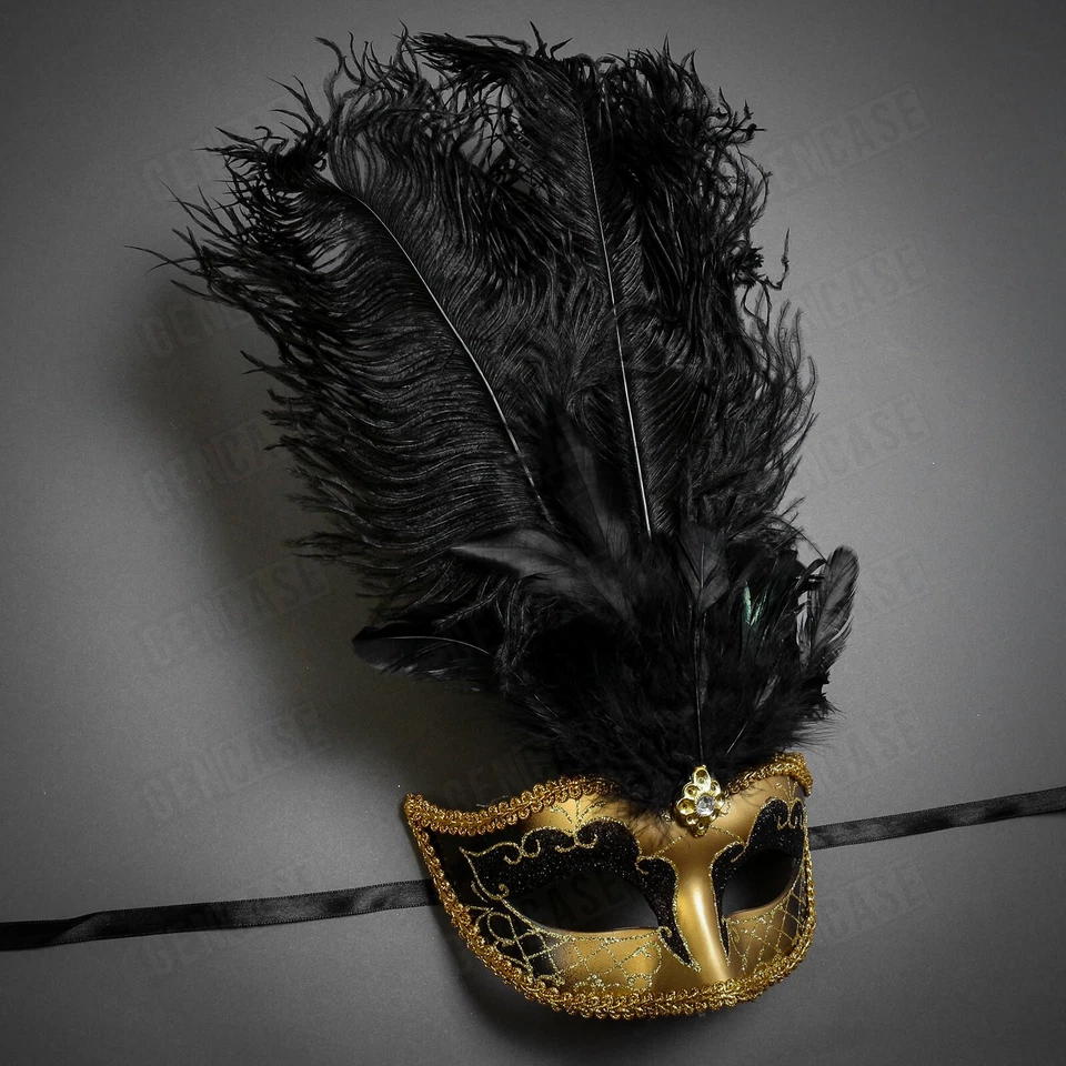 Gold Mardi Gras Glitter Party Masquerade Ball Tall Black Feather Women Eye Mask - Image 3 of 4