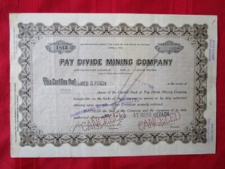 PAY DIVIDE MINING CO. Reno Nv. Stock Certificate 1926