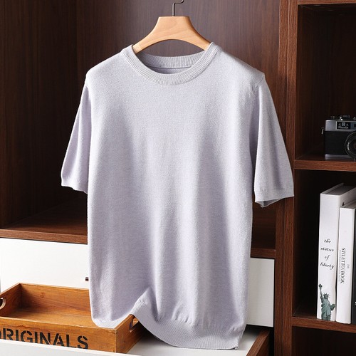 Herren Strick O-Ausschnitt Atmungsaktiv Dünn Cashmer Kurzarm T-Shirt Einfarbig Tops - Bild 10 von 26