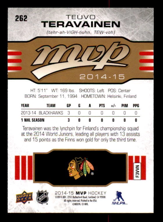 2014-15 Upper Deck MVP #262 Teuvo Teravainen Rookie SP (ref 32857) - Image 2 of 2