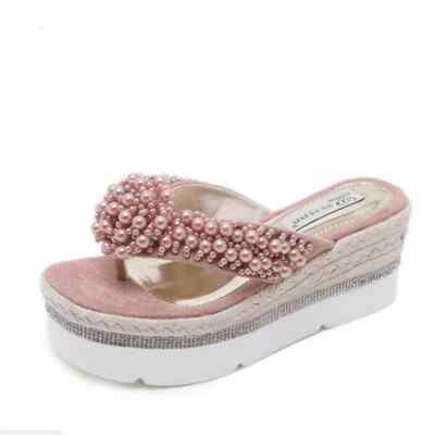 Sandalen Pantoletten Keilabsatz Kordel 7,5 cm Rosa Kunstleder Elegant 9111
