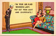 Linen Humor WWII Air Raid Warden Busty Beauty "Light's Out "  P.UN. (A-561)