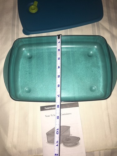 TUPPERWARE Large Shallow Rect Rock Vent N Serve Peacock MICROWAVE Bowl 6 Cup New - Picture 6 of 12