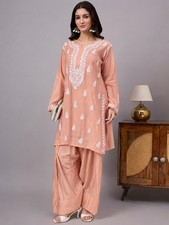 Women's Peach Chanderi Chikankari Kurta Farshi Salwar Set, Ethnic Kurta Set