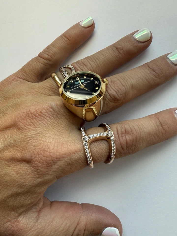 Reloj Anillo Colección La Mer Acabado Oro IP Talla 7 Esfera Negra Vintage Foto 2 de 4