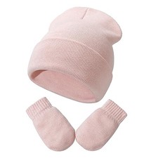 Baby Beanie Hat Gloves Set, Kids Winter Warm Knit 3-24 Months Pink No Thumbs 