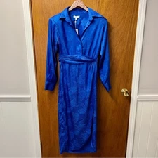 Ronny Kobo Bernice Satin Blue Long Sleeve Faux Wrap Midi Dress Large L NWT