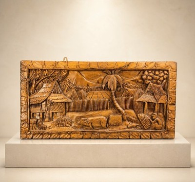*READ* Large Vtg 24'' Hand Carved Narra Wood Tropical Village Wall Panel