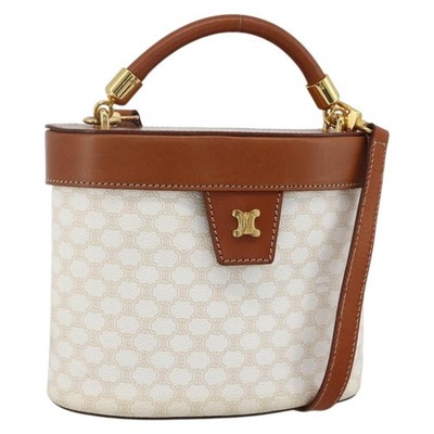 CELINE Macadam Canvas Vanity Shoulder Bag PVC 2way White Gold Auth YKZ1368A
