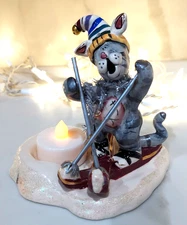 Blue Sky Clayworks SKIING CAT Tea Light Candle Holder 2004 RETIRED & REIMAGINED*