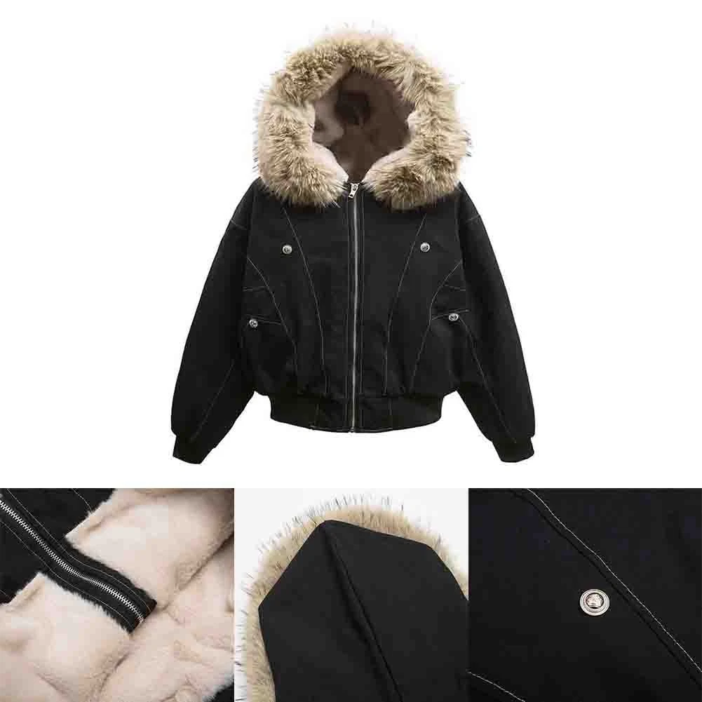 Men Punk Warm Outerwear Jacket Black Fleece Lined with Collar for Winter
