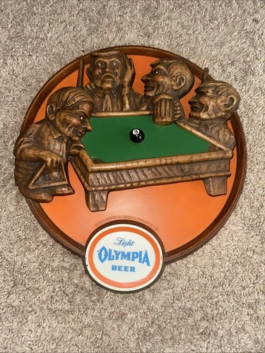 VinTagE 1970’s OLYMPIA Light Beer Sign Brewing Tumwater Billiards Pool
