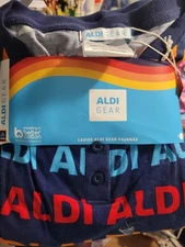 NWT Aldi Gear Ladies Pajamas  L Large Women Navy Logo Long Sleeves Pants