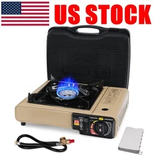 Dual Fuel Stove Portable Camping Stove w/Case+Wind Guard+26" Propane Hose, Khaki