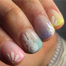 Easter Nails Press ons Short Square Fake Nails with Cute White Bunny Easter-3