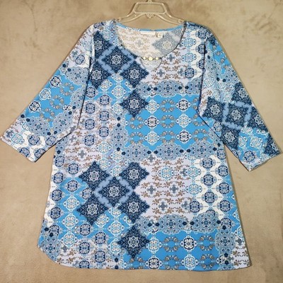 Susan Graver Tunic Top Womens 1X Blue Patchwork Liquid Knit Cottagecore Boho