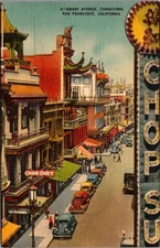Grant Avenue street scene CHINATOWN San Francisco, California linen Postcard