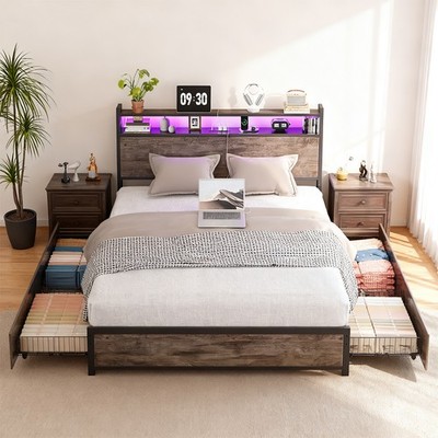 Metal Platform Bed 4 Drawer,RGB LED Lights USB Charging Station 880 lbs Capacity
