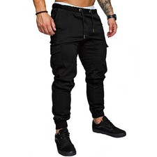UK Mens Elasticated Waist Cargo Combat Work Trousers Joggers Pocket Cuffed Pants