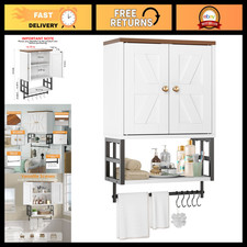 Farmhouse Bathroom Wall Cabinet, White Medicine Storage with Towel Bar, Organize