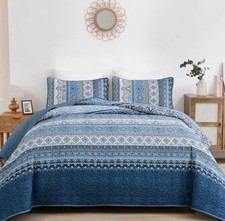 Boho Quilt Set Queen Size, Teal 3 Pieces Bohemian Striped Patchwork Bedspread Co