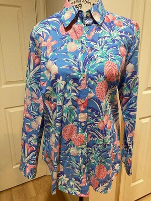 Talbots Blue Tropical Pineapple Button-Down Shirt Size Small