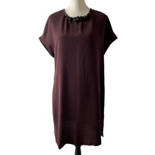 Mango Suit Plum Beaded Dress Size L Open Back Short Sleeve Party Elegant