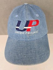 vtg Union Pacific Railroad blue denim hat UP strap back embroidered cap