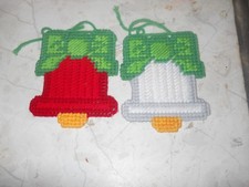 HANDMADE PLASTIC CANVAS CHRISTMAS BELL ORNAMENTS SET OF 2