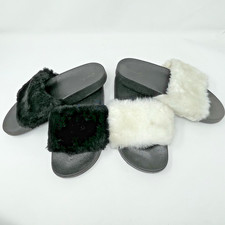BOGO Womens Fuzzy Slippers Slides Flip Flops Sandals Size 9 Black White