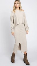 MIMOSA Beige MIDI Skirt & Asymmetric Top 2pc Set. Sz Large/Long Sleeve, Office