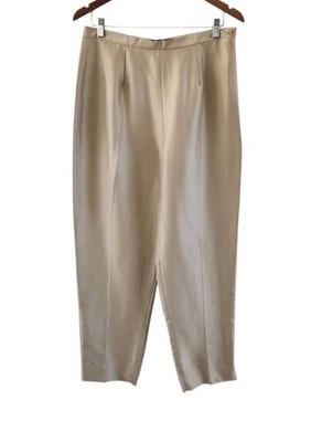 Josephine Chaus 100% Silk Gold Beige Pants Straight Leg Side Zip Womens Size 12