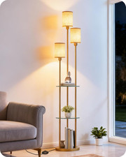 Floor Lamp with Shelves, Modern Floor Lamp with 3 Linen Shades and Foot Switch,