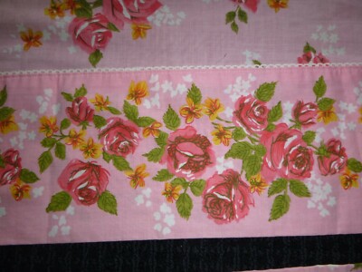 Pr Vtg Pink w/Pink Roses Curtain Panels w/ Valance From Cannon Sheets 35x40''