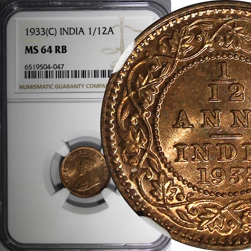 India-British George V Bronze 1933 (C) 1/12 Anna NGC MS64 RB KM# 509 (047)