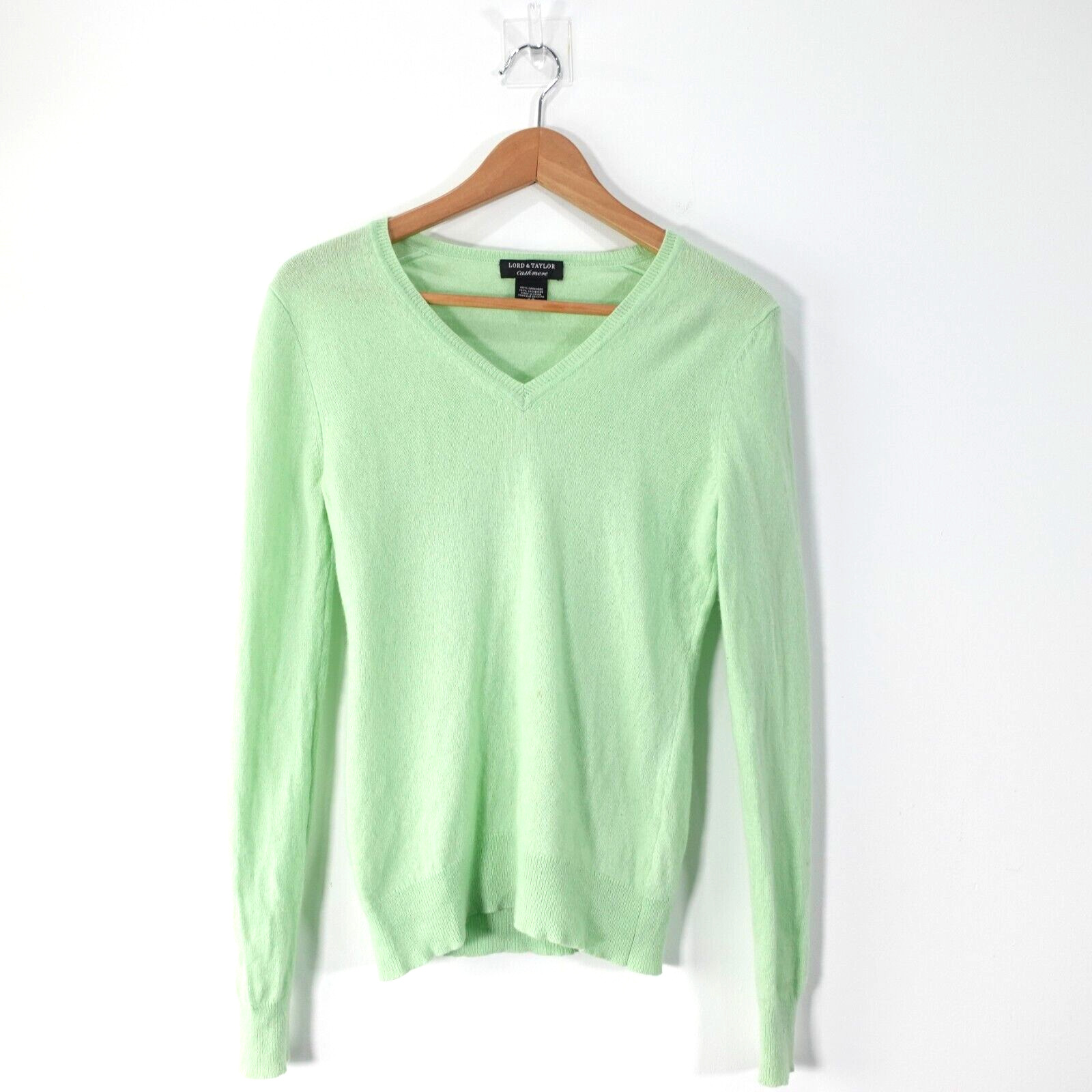 Cashmere Sweater Women Small Green Knit V Neck Pullover Casual Light Jumper L/S