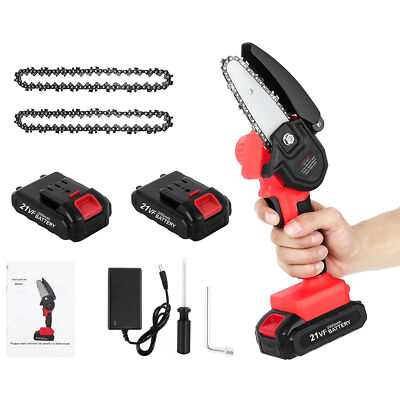 4'' Electric Mini Chainsaw 24V Handheld Cordless Wood Cutter w/ 2 Battery 2 Chain